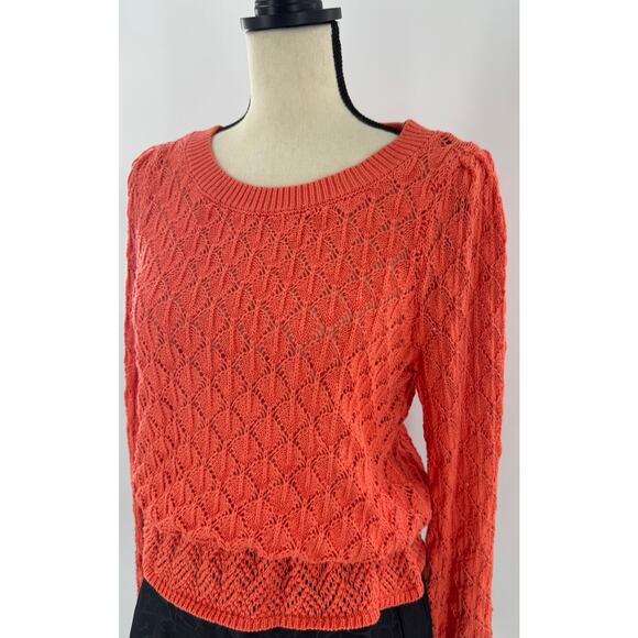 Anthropologie Flounce Hem Pointelle Sweater Orange Coral Knit Lace Sweater M - Picture 2 of 11